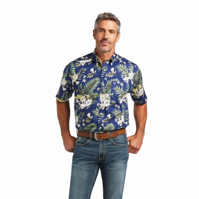 Navy Blue Men's Ariat Wrinkle Free Ephraim Classic Fit Shirts | 0538-XSGPK