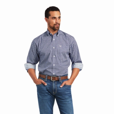 Navy Blue Men's Ariat Wrinkle Free Ernest Classic Fit Shirts | 5721-YTMAP