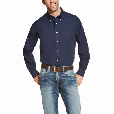 Navy Blue Men's Ariat Wrinkle Free Solid Shirts | 5196-BMXJF