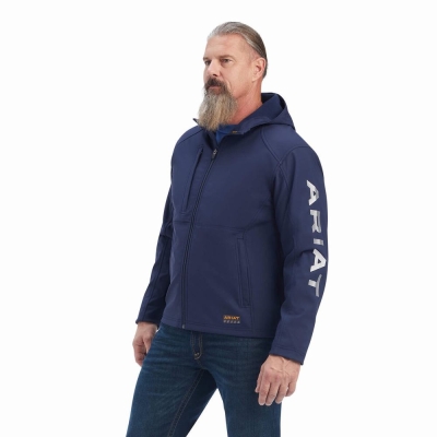 Navy Grey Men's Ariat Rebar Stretch Canvas Softshell Logo Jackets | 3614-NDQGK