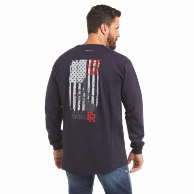 Navy Men's Ariat FR Air Life on the Line Graphic Shirts | 1370-GFCTU