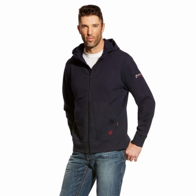 Navy Men's Ariat FR DuraStretch Full Zip Hoodies | 5938-KVWGF