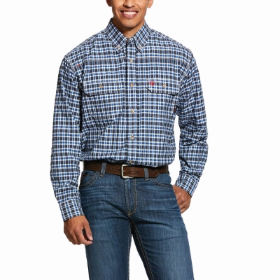 Navy Men's Ariat FR Plaid Featherlight Shirts | 3814-SPTQL