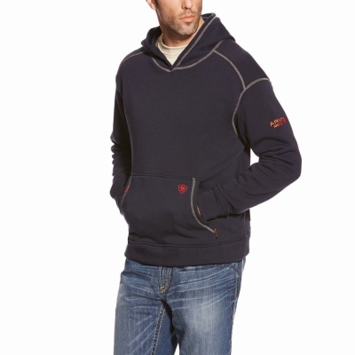 Navy Men's Ariat FR Polartec Hoodies | 9046-WLOFN