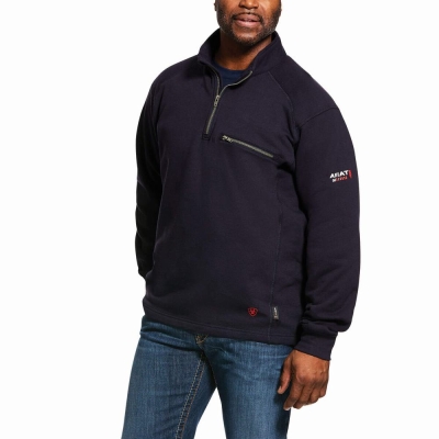 Navy Men's Ariat FR Rev 1/4 Zip Hoodies | 3614-CSVOM