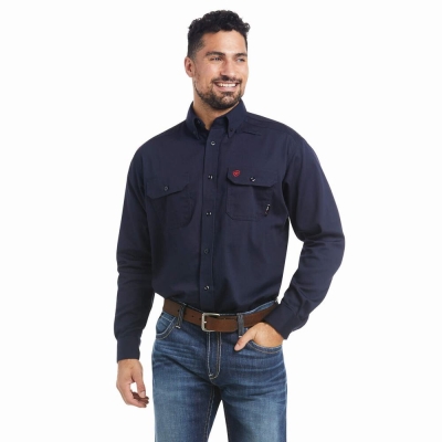 Navy Men's Ariat FR Solid Shirts | 0814-ZTCEW