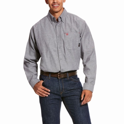 Navy Men's Ariat FR Solid Twill DuraStretch Shirts | 7486-WBFJQ