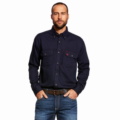 Navy Men's Ariat FR Solid Vent Shirts | 8423-MHERK