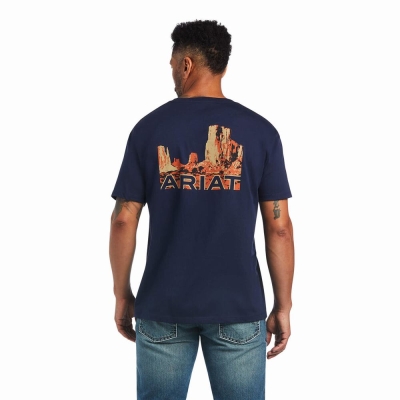 Navy Men's Ariat Monument Sunset Polo Shirts | 3498-EAKCB