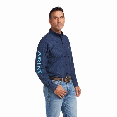 Navy Men's Ariat Pro Series Team Sully Classic Fit Shirts | 7062-ONZFH