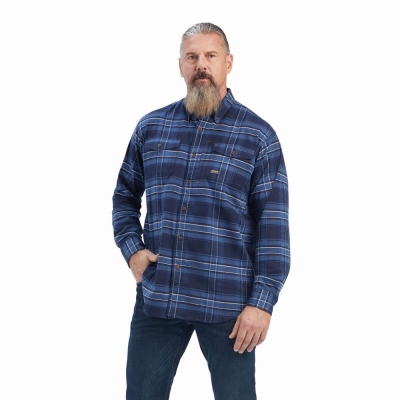 Navy Men's Ariat Rebar Flannel DuraStretch Shirts | 2057-OISHZ