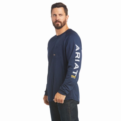 Navy Men's Ariat Rebar Heat Fighter T Shirts | 9826-ILXES