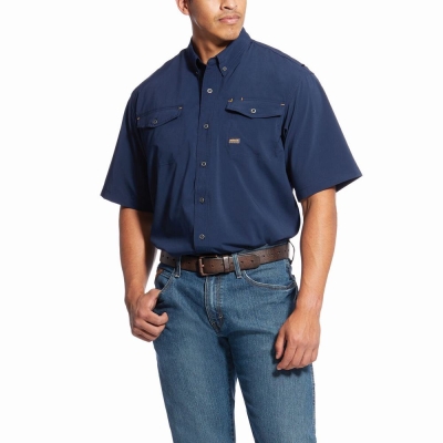 Navy Men's Ariat Rebar Made Tough VentTEK DuraStretch Shirts | 2157-EWJNF