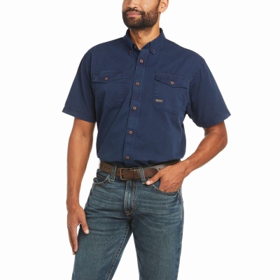 Navy Men's Ariat Rebar Washed Twill Short Sleeve | 6581-PZFSJ