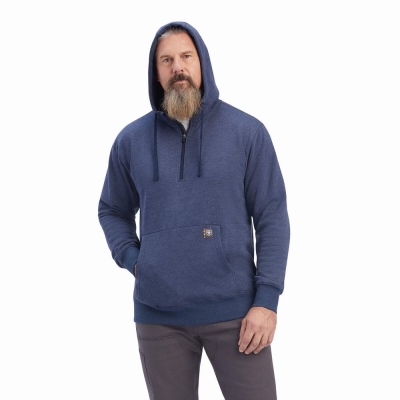 Navy Men's Ariat Rebar Workman 1/4 Zip Hoodies | 5486-CTUKY