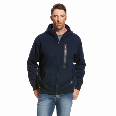 Navy Men's Ariat Rebar Workman Full Zip Hoodies | 2034-QLMKZ