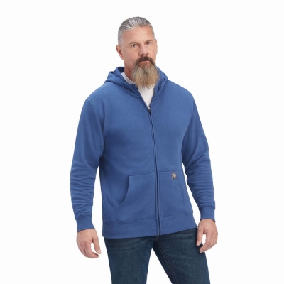 Navy Men's Ariat Rebar Workman Reflective Flag Full Zip Hoodies | 3429-DZBWO