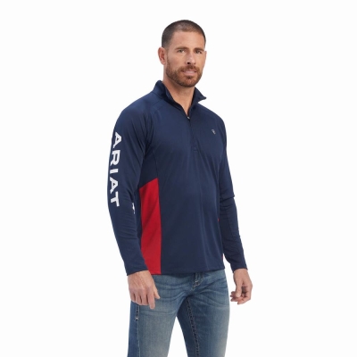 Navy Men's Ariat Sunstopper Team 1/4 Zip English Riding | 7816-FDVSE