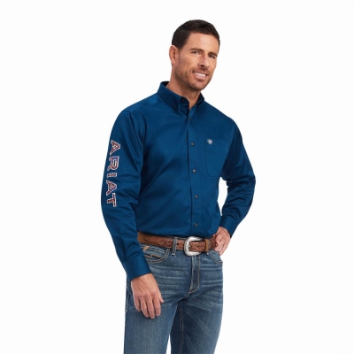 Navy Men's Ariat Team Logo Twill Classic Fit Shirts | 4570-JDFNG