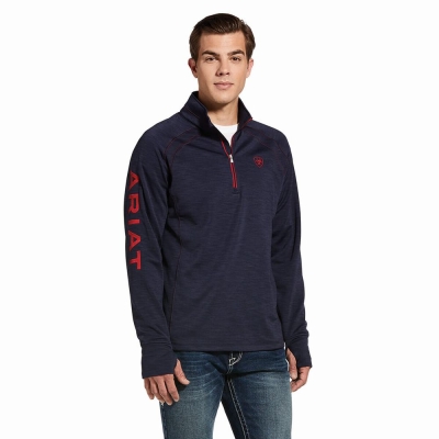 Navy Men's Ariat Tek Team 1/2 Zip Hoodies | 6857-OQHGJ