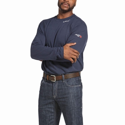 Navy Navy Men's Ariat FR Shirts | 1982-QBJGO