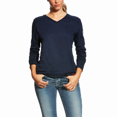 Navy Women's Ariat FR AC Crew Shirts | 9243-USMPA