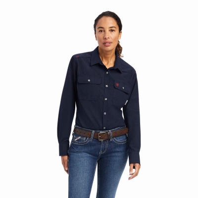 Navy Women's Ariat FR Featherlight Shirts | 1983-VWJKN