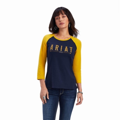 Navy Women's Ariat REAL Arrow Classic Fit Tops | 4076-SUJGI