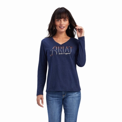 Navy Women's Ariat REAL Chest Logo Relaxed Tops | 8051-PWOYZ