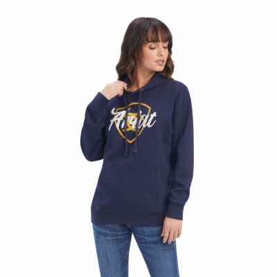 Navy Women's Ariat REAL Shield Logo Hoodies | 2459-YXQHB