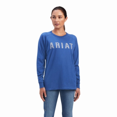 Navy Women's Ariat Rebar CottonStrong Block T Shirts | 1803-JHQNX