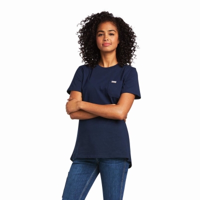 Navy Women's Ariat Rebar Cotton Strong Short Sleeve | 8641-KCRJM