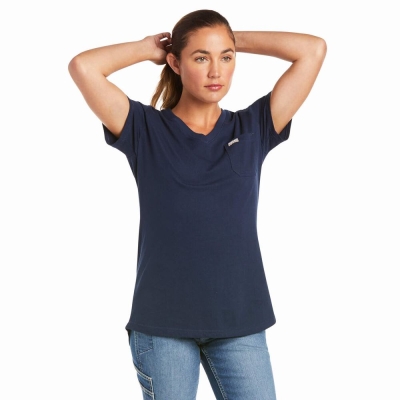 Navy Women's Ariat Rebar Cotton Strong V-Neck Short Sleeve | 0538-MLTFD