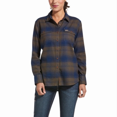 Navy Women's Ariat Rebar Flannel DuraStretch Shirts | 3041-MJFEX