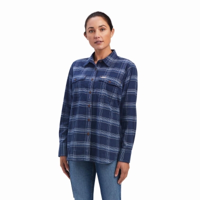 Navy Women's Ariat Rebar Flannel DuraStretch Shirts | 4078-YKCRU