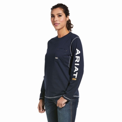 Navy Women's Ariat Rebar Workman Logo T Shirts | 8293-JPAYL