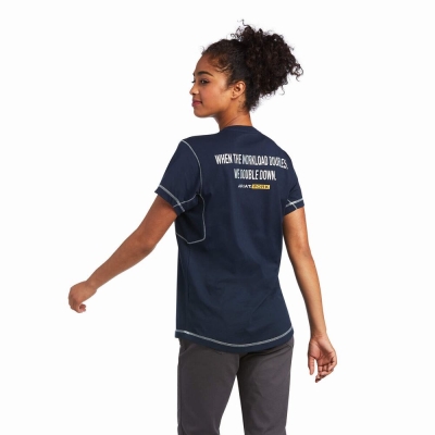 Navy Women's Ariat Rebar Workman Phrase Tops | 5326-TZYRS