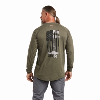 Olive Men's Ariat FR Air Rig Life Graphic Shirts | 2053-FXCBZ