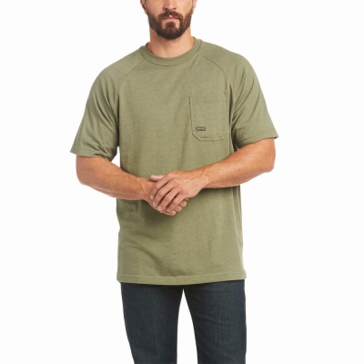 Olive Men's Ariat Rebar Cotton Strong Short Sleeve | 5726-CVXYT