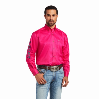 Pink Men's Ariat Team Logo Twill Classic Fit Shirts | 9472-KZXLH