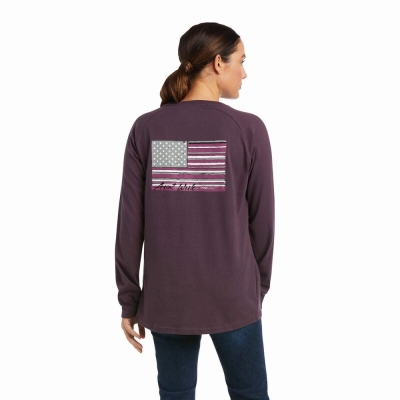 Purple Women's Ariat Rebar CottonStrong Brand Flag T Shirts | 4150-EGPYQ