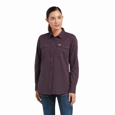 Purple Women's Ariat Rebar Washed Twill Shirts | 2807-QWSBM