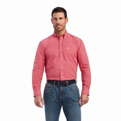 Red Men's Ariat Pro Series Nevin Stretch Classic Fit Shirts | 4219-DOUIW