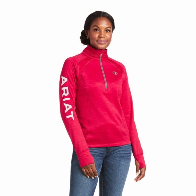 Red Women's Ariat Tek Team 1/2 Zip Hoodies | 1728-WAIEY