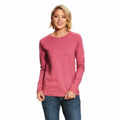 Rose Purple Women's Ariat FR Air Crew Shirts | 8670-QJEBK