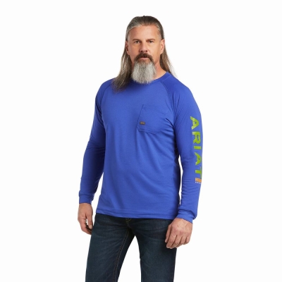 Royal Blue Men's Ariat Rebar Heat Fighter T Shirts | 3058-MVPFX