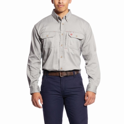 Silver Men's Ariat FR Solid Vent Shirts | 5941-EQYKU