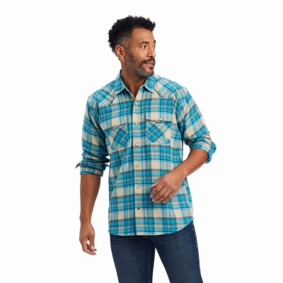 Turquoise Men's Ariat Handley Retro Fit Shirts | 9801-CFYKB