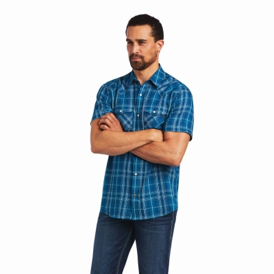 Turquoise Men's Ariat Holt Retro Fit Shirts | 6289-EKFBY