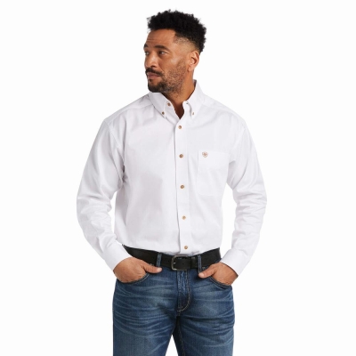 White Men's Ariat Solid Twill Classic Fit Shirts | 6931-QBWOI